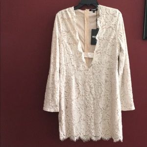 Misguided Ivory Lace Deep V Dress